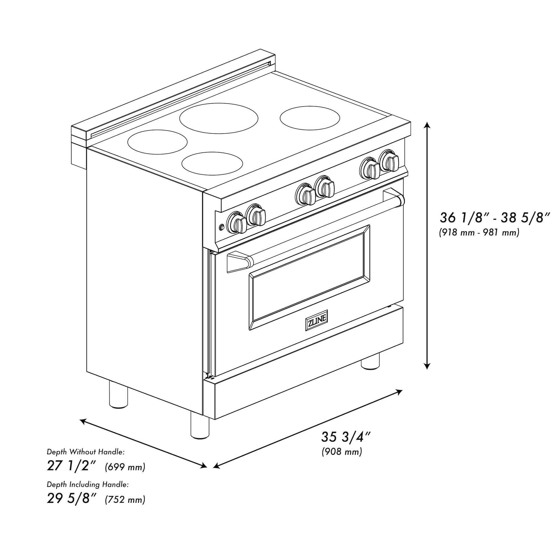 ZLINE 36 in. 4.6 cu. ft. Legacy Induction Range with 5 Element Cooktop and Electric Oven in DuraSnow® Stainless Steel and Black Matte Door (RAINDS-BLM-36)