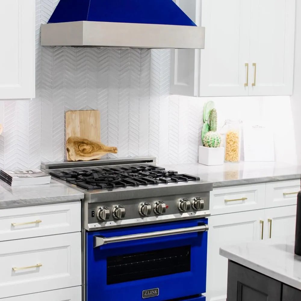 ZLINE 30 in. Kitchen Package with Satin Stainless Steel Dual Fuel Range with Blue Gloss Door and Convertible Vent Range Hood (2KP-RASBGRH30)