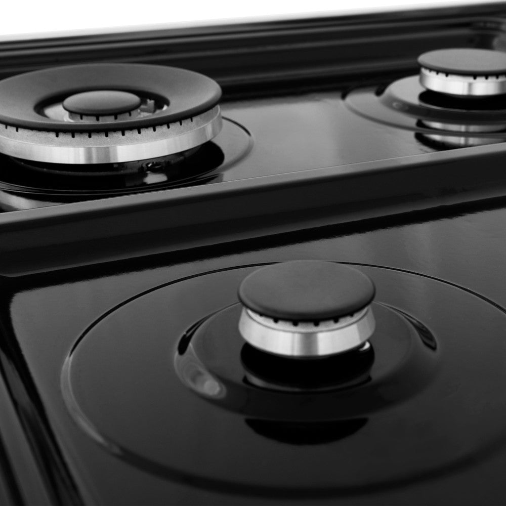 ZLINE 24 in. Professional Dual Fuel Range in Stainless Steel with Black Matte Door (RA-BLM-24) close-up black porcelain cooktop without grates and Italian-made sealed burners.