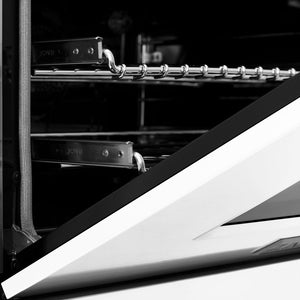 ZLINE 24 in. 2.8 cu. ft. Legacy Dual Fuel Range with 4 Burner Gas Cooktop and Electric Convection Oven in Stainless Steel and White Matte Door (RA-WM-24) oven door detail.