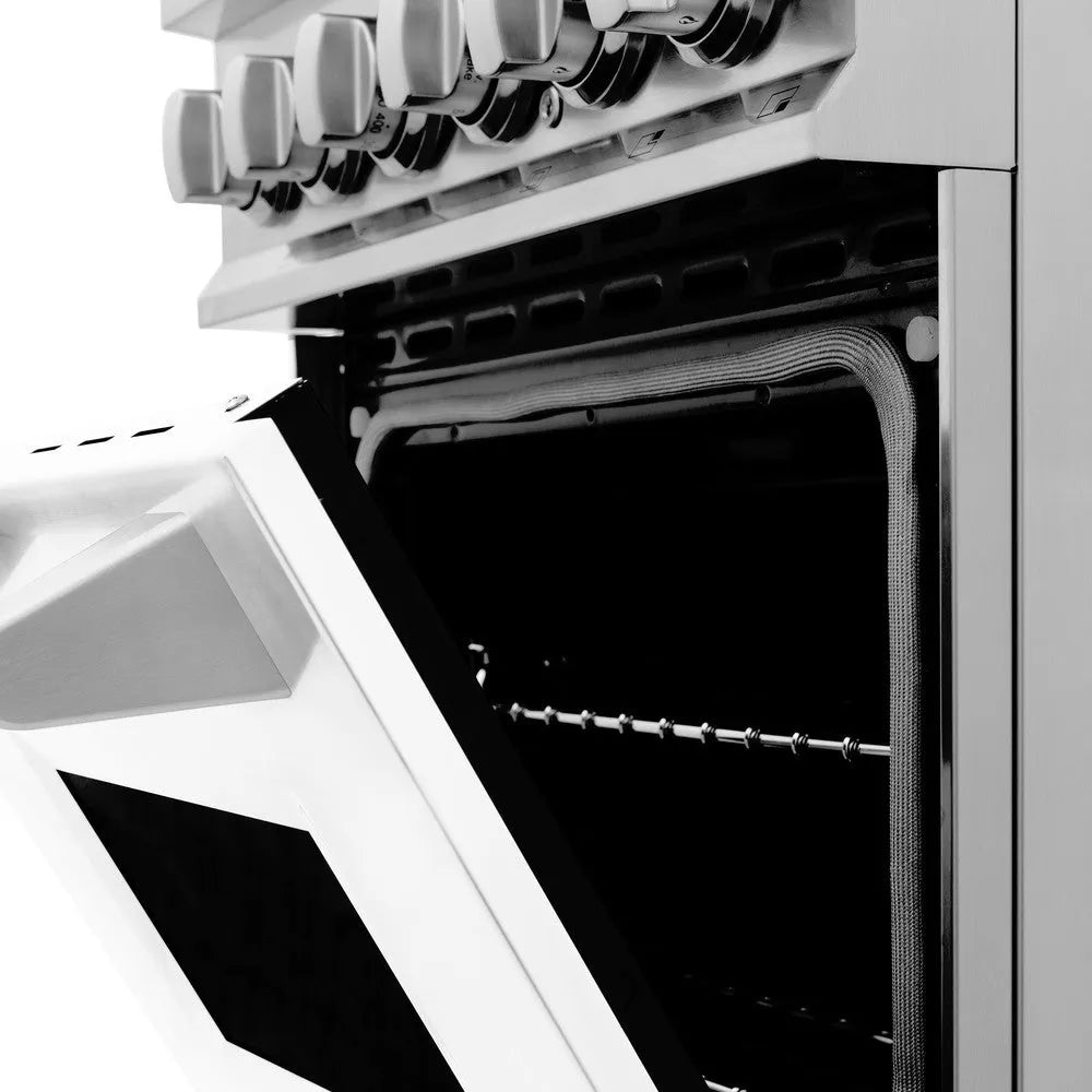 ZLINE 24 in. 2.8 cu. ft. Legacy Dual Fuel Range with 4 Burner Gas Cooktop and Electric Convection Oven in Stainless Steel and White Matte Door (RA-WM-24) side, oven open.
