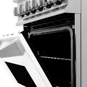 ZLINE 24 in. 2.8 cu. ft. Legacy Dual Fuel Range with 4 Burner Gas Cooktop and Electric Convection Oven in Stainless Steel and White Matte Door (RA-WM-24) side, oven open.