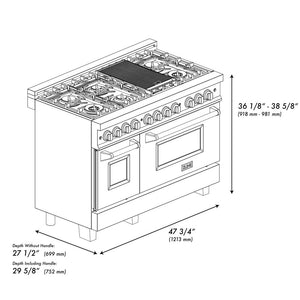 ZLINE 48 in. 6.0 cu. ft. Legacy Dual Fuel Range with 7 Burner Gas Cooktop and 2 Electric Ovens in DuraSnow® Stainless Steel (RAS-SN-48) dimensional diagram.