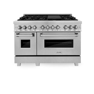 ZLINE 48 in. 6.0 cu. ft. Legacy Dual Fuel Range with 7 Burner Gas Cooktop and 2 Electric Ovens in DuraSnow® Stainless Steel (RAS-SN-48) front, oven closed.