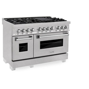 ZLINE 48 in. 6.0 cu. ft. Legacy Dual Fuel Range with 7 Burner Gas Cooktop and 2 Electric Ovens in DuraSnow® Stainless Steel (RAS-SN-48) side, oven closed.