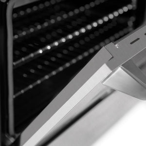 ZLINE 36 in. 4.6 cu. ft. Legacy Dual Fuel Range with Gas Cooktop and Electric Convection Oven in Satin Stainless Steel with 6 Brass Burners (RAS-SN-BR-36) oven door detail.