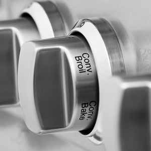 ZLINE 36 in. 4.6 cu. ft. Legacy Dual Fuel Range with Gas Cooktop and Electric Convection Oven in Satin Stainless Steel with 6 Brass Burners (RAS-SN-BR-36) knobs.