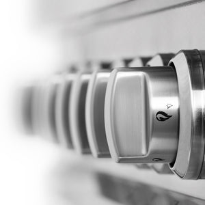 ZLINE 36 in. 4.6 cu. ft. Legacy Dual Fuel Range with Gas Cooktop and Electric Convection Oven in Satin Stainless Steel with 6 Brass Burners (RAS-SN-BR-36) knobs.