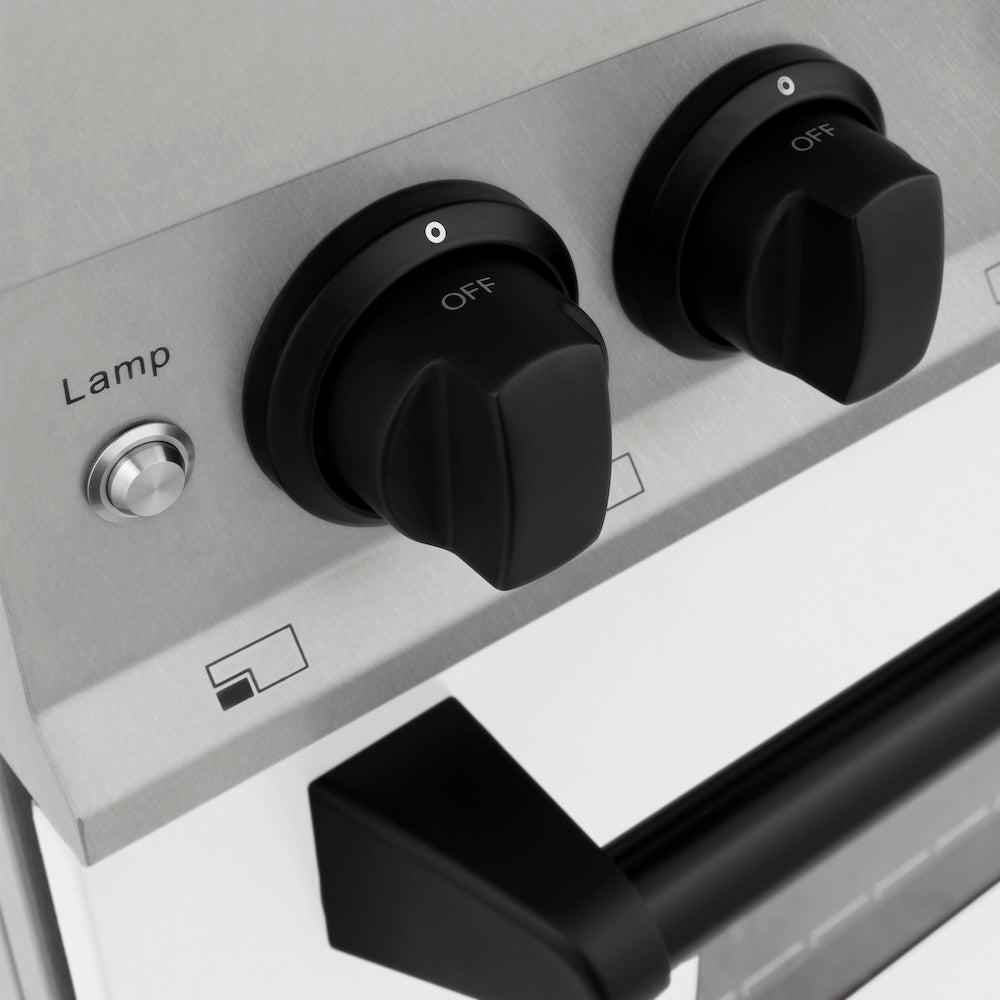 ZLINE Autograph Edition 36 in. 4.6 cu. ft. Legacy Dual Fuel Range with 6 Burner Gas Cooktop and Electric Convection Oven in Satin Stainless Steel with White Matte Door and Matte Black Accents (RASZ-WM-36-MB) knobs.