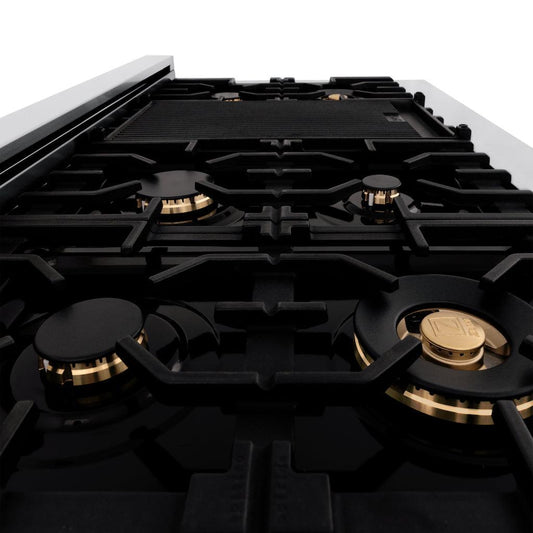 Brass burners and griddle on ZLINE Autograph Edition 48 in. Porcelain Rangetop with 7 Gas Burners in Stainless Steel with Champagne Bronze Accents (RTZ-48-CB)