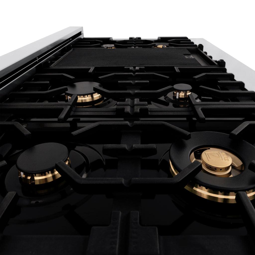 Brass burners and griddle on ZLINE Autograph Edition 48 in. Porcelain Rangetop with 7 Gas Burners in Stainless Steel with Matte Black Accents (RTZ-48-MB)