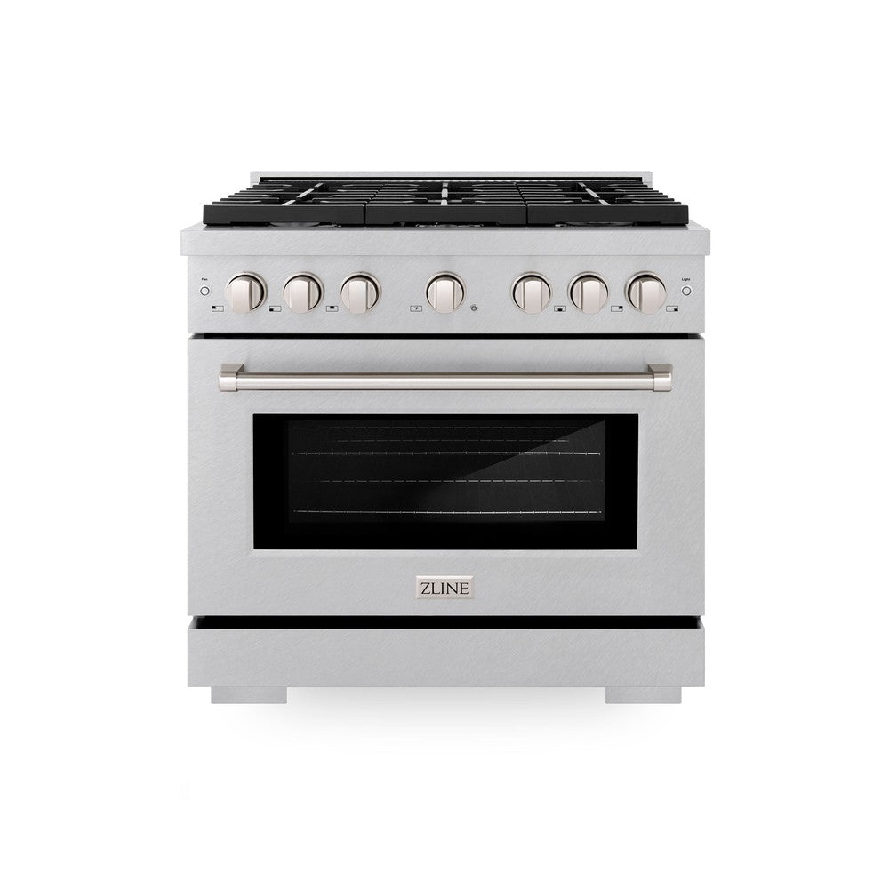 ZLINE 36 in. 5.2 cu. ft. Paramount Dual Fuel Range with 6 Burner Gas Cooktop and Electric Convection Oven in DuraSnow® Stainless Steel (SDRS-36) front.