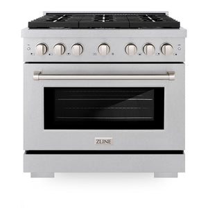 ZLINE 36 in. 5.2 cu. ft. Paramount Dual Fuel Range with 6 Burner Gas Cooktop and Electric Convection Oven in DuraSnow® Stainless Steel (SDRS-36) front, oven closed.