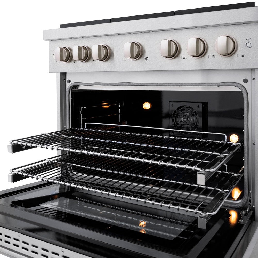 ZLINE 36 in. 5.2 cu. ft. Paramount Dual Fuel Range with 6 Burner Gas Cooktop and Electric Convection Oven in DuraSnow® Stainless Steel (SDRS-36) front detail, oven open with racks extended and lights on.