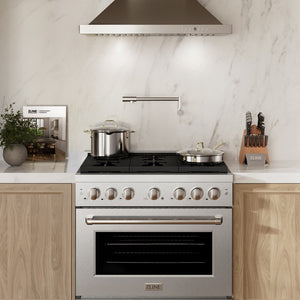 ZLINE 36 in. 5.2 cu. ft. Paramount Dual Fuel Range with 6 Burner Gas Cooktop and Electric Convection Oven in DuraSnow® Stainless Steel (SDRS-36) front, in a luxury kitchen.