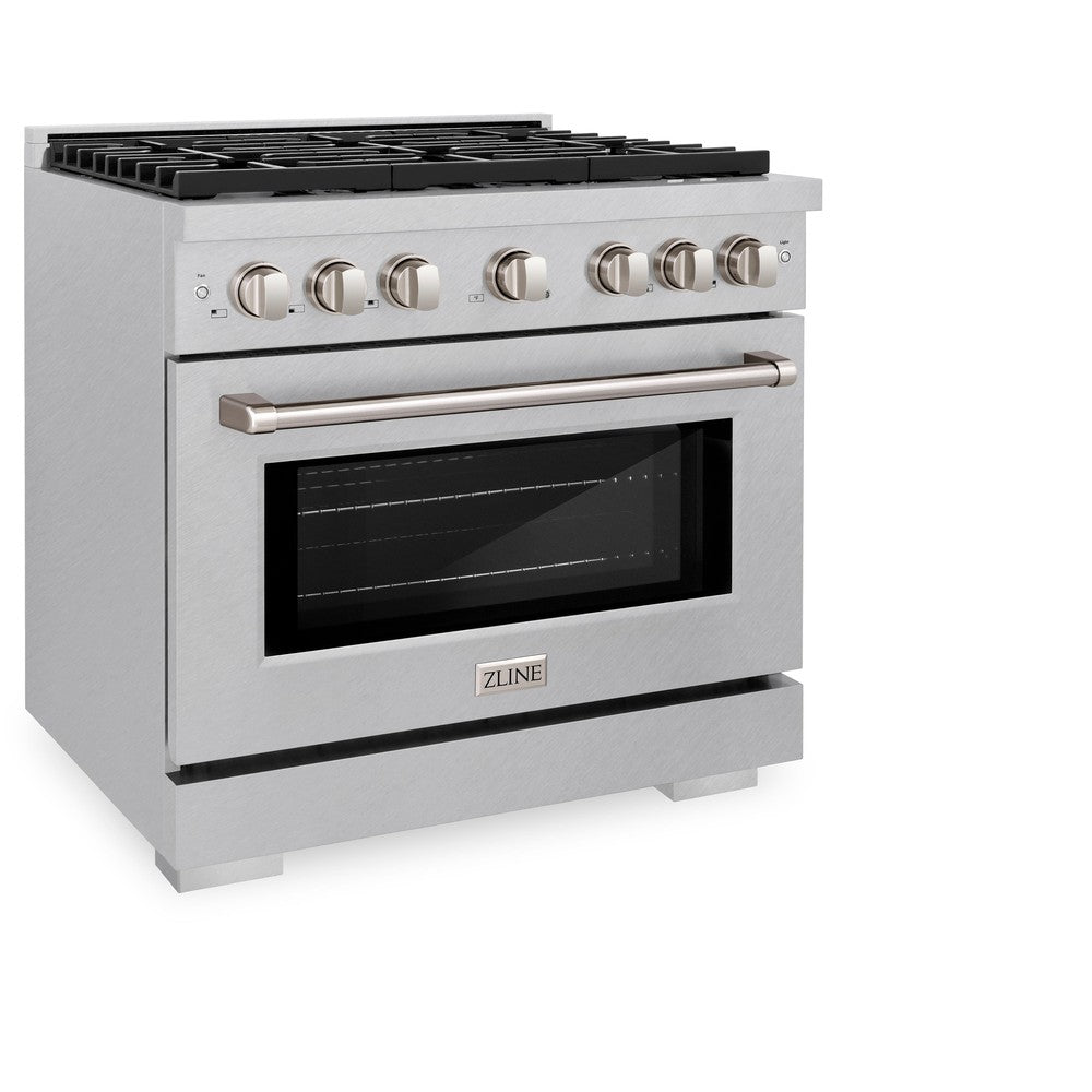 ZLINE 36 in. 5.2 cu. ft. Paramount Dual Fuel Range with 6 Burner Gas Cooktop and Electric Convection Oven in DuraSnow® Stainless Steel (SDRS-36) side, oven closed.