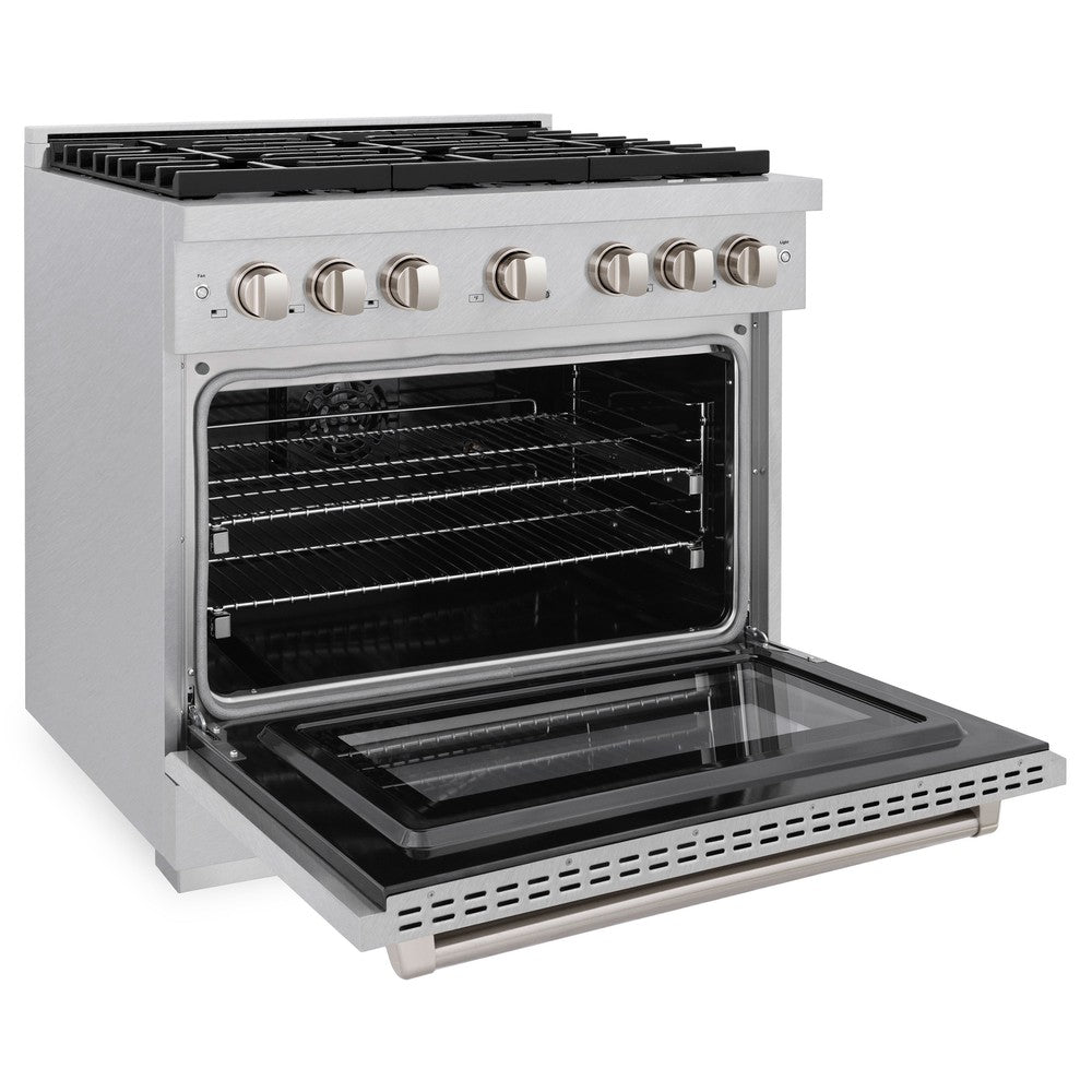 ZLINE 36 in. 5.2 cu. ft. Paramount Dual Fuel Range with 6 Burner Gas Cooktop and Electric Convection Oven in DuraSnow® Stainless Steel (SDRS-36) side, oven open.