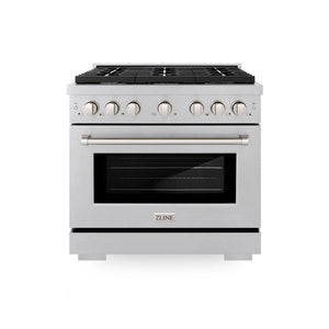 ZLINE 36 in. 5.2 cu. ft. Paramount Dual Fuel Range with Gas Cooktop and Electric Convection Oven in DuraSnow® Stainless Steel with 6 Brass Burners (SDRS-BR-36) front.