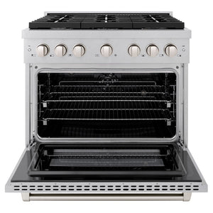 ZLINE 36 in. 5.2 cu. ft. Paramount Dual Fuel Range with Gas Cooktop and Electric Convection Oven in DuraSnow® Stainless Steel with 6 Brass Burners (SDRS-BR-36) front, oven open.