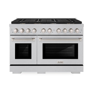 ZLINE 48 in. 6.7 cu. ft. Paramount Double Oven Dual Fuel Range in DuraSnow® Stainless Steel with 8 Brass Burners (SDRS-BR-48) front.