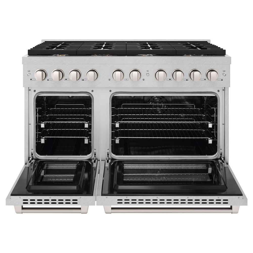 ZLINE 48 in. 6.7 cu. ft. Paramount Double Oven Dual Fuel Range in DuraSnow® Stainless Steel with 8 Brass Burners (SDRS-BR-48) front, oven open.