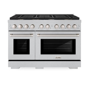 ZLINE 48 in. 6.7 cu. ft. Paramount Double Oven Dual Fuel Range in DuraSnow® Stainless Steel with 8 Brass Burners (SDRS-BR-48) front, oven closed.