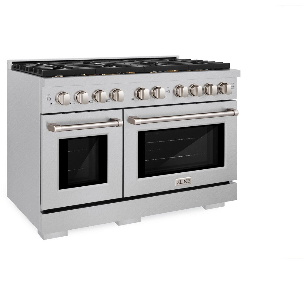 ZLINE 48 in. 6.7 cu. ft. Paramount Double Oven Dual Fuel Range in DuraSnow® Stainless Steel with 8 Brass Burners (SDRS-BR-48) side, oven closed.