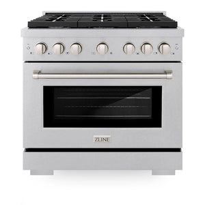 ZLINE 36 in. 5.2 cu. ft. 6 Burner Gas Range with Convection Gas Oven in DuraSnow® Stainless Steel (SGRS-36) front, oven closed.