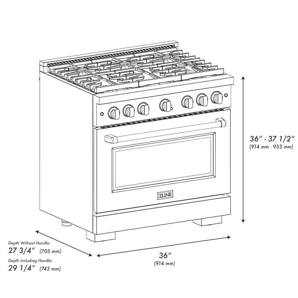 ZLINE 36 in. 5.2 cu. ft. Gas Range with Convection Gas Oven in DuraSnow® Stainless Steel with 6 Brass Burners (SGRS-BR-36) dimensional diagram.