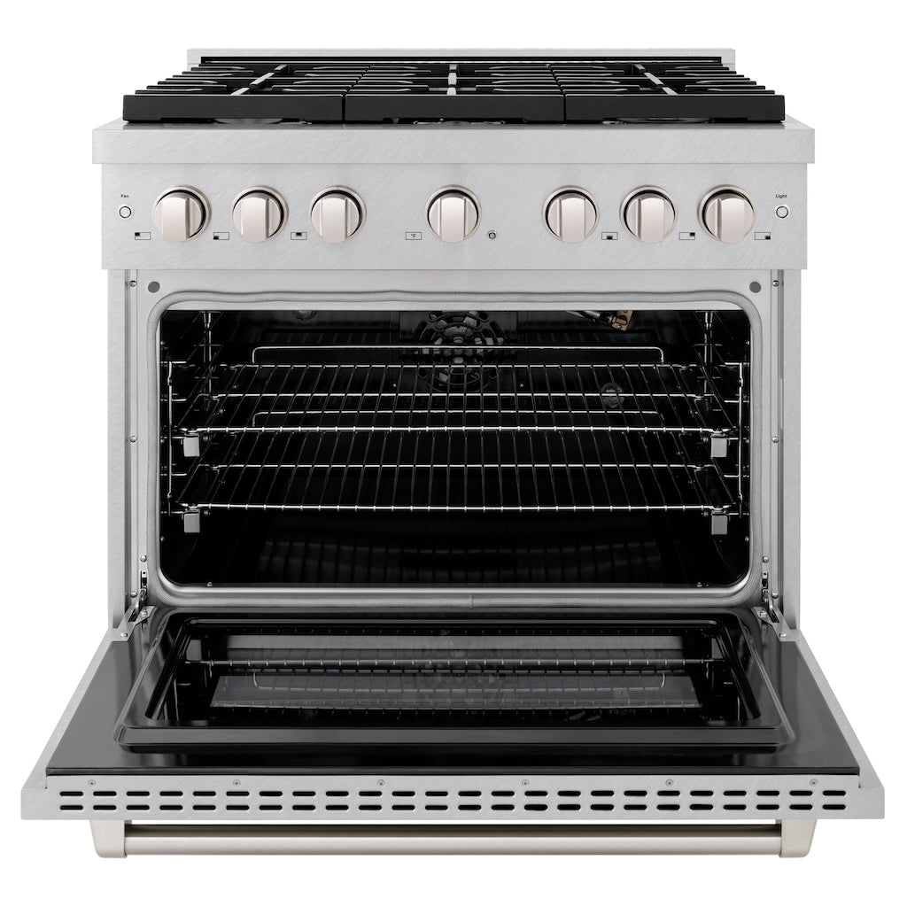ZLINE 36 in. 5.2 cu. ft. Gas Range with Convection Gas Oven in DuraSnow® Stainless Steel with 6 Brass Burners (SGRS-BR-36) front, with oven open.