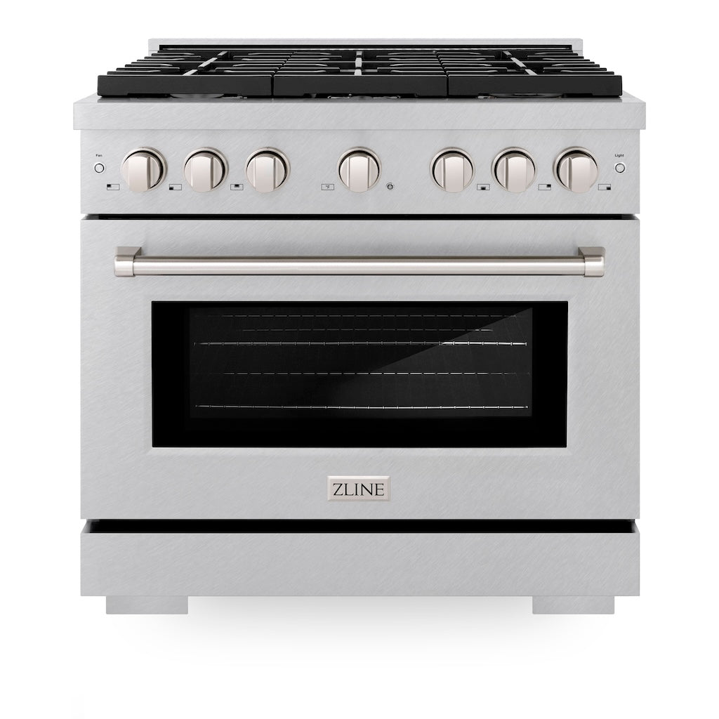 ZLINE 36 in. 5.2 cu. ft. Gas Range with Convection Gas Oven in DuraSnow® Stainless Steel with 6 Brass Burners (SGRS-BR-36) front, oven closed.