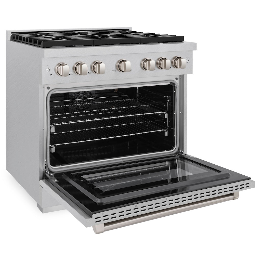 ZLINE 36 in. 5.2 cu. ft. Gas Range with Convection Gas Oven in DuraSnow® Stainless Steel with 6 Brass Burners (SGRS-BR-36) side, oven open.