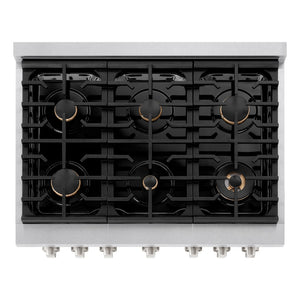 ZLINE 36 in. 5.2 cu. ft. Gas Range with Convection Gas Oven in DuraSnow® Stainless Steel with 6 Brass Burners (SGRS-BR-36) from above, showing gas burners, black porcelain cooktop, and cast-iron grates.