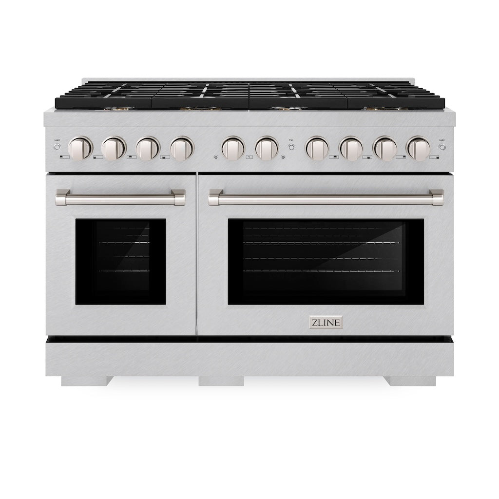 ZLINE 48 in. 6.7 cu. ft. Double Oven Gas Range in DuraSnow® Stainless Steel with 8 Brass Burners (SGRS-BR-48) front, oven closed.