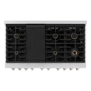 ZLINE 48 in. 6.7 cu. ft. Double Oven Gas Range in DuraSnow® Stainless Steel with 8 Brass Burners (SGRS-BR-48) from above, showing gas burners, black porcelain cooktop, and cast-iron grates.