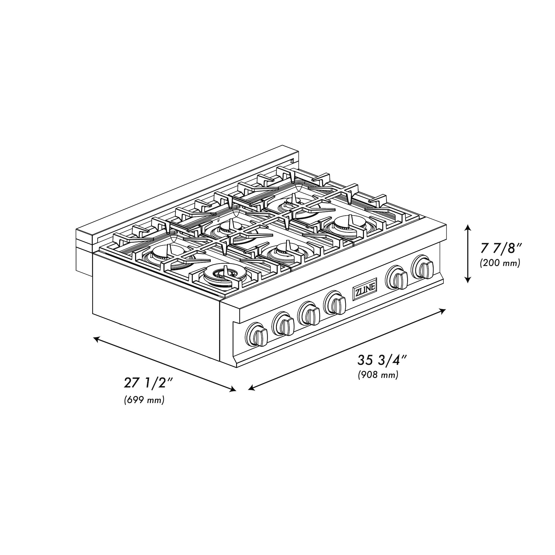 ZLINE 36 in. Porcelain Rangetop in DuraSnow® Stainless Steel with 6 Gas Brass Burners (RTS-BR-36) dimensional diagram with measurements.