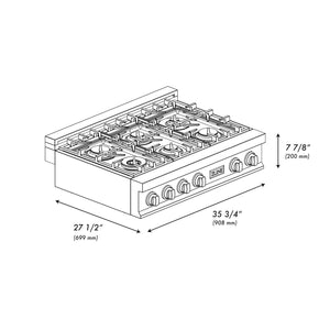 ZLINE 36 in. Porcelain Rangetop in DuraSnow® Stainless Steel with 6 Gas Brass Burners (RTS-BR-36) dimensional diagram with measurements.