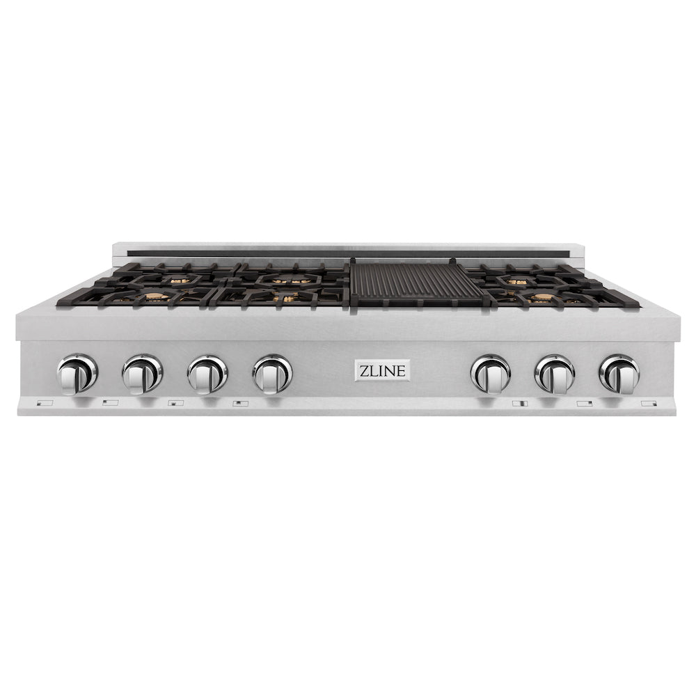 ZLINE 48 in. Porcelain Gas Rangetop in DuraSnow® Stainless Steel with 7 Gas Burners with Brass Burners and Griddle (RTS-BR-48) front.