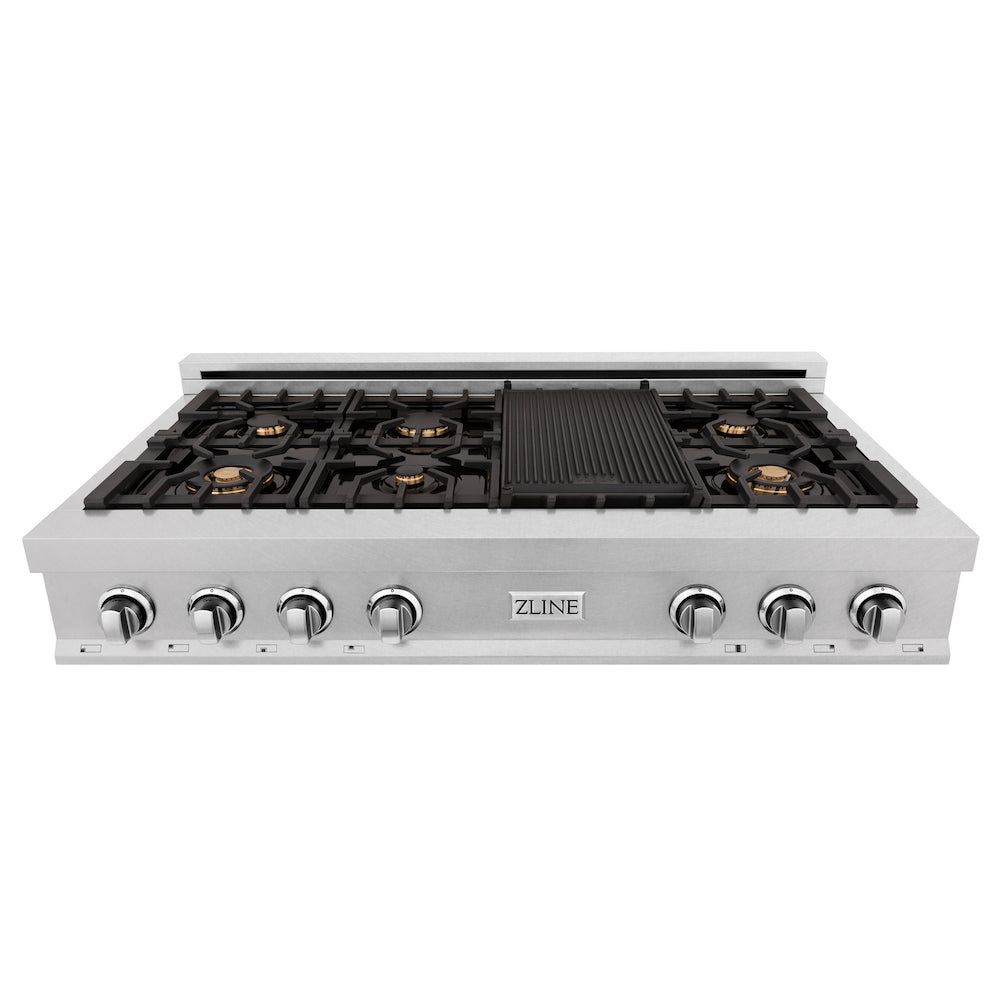 ZLINE 48 in. Porcelain Gas Rangetop in DuraSnow® Stainless Steel with 7 Gas Burners with Brass Burners and Griddle (RTS-BR-48) front, above.