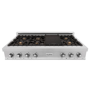 ZLINE 48 in. Porcelain Gas Rangetop in DuraSnow® Stainless Steel with 7 Gas Burners with Brass Burners and Griddle (RTS-BR-48) front, above.