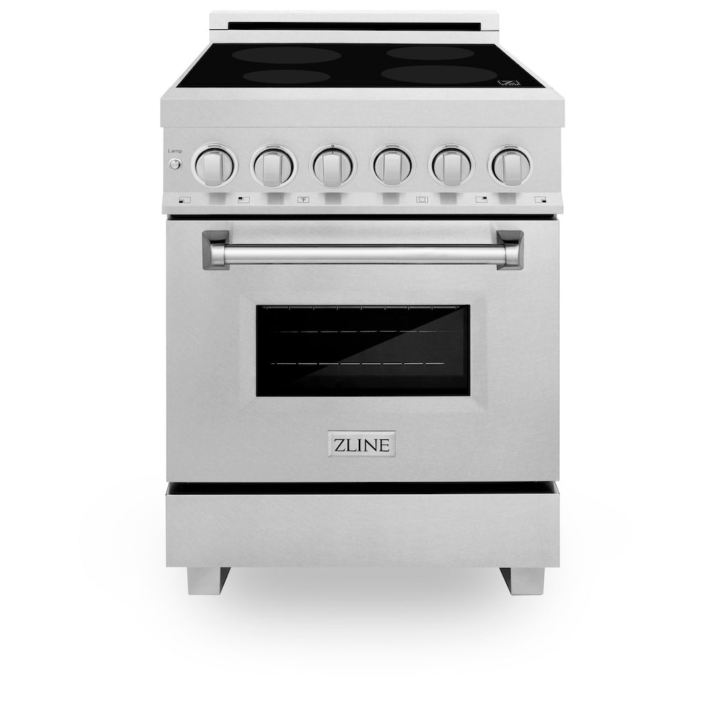 ZLINE 24 in. 2.8 cu. ft. Legacy Induction Range with 4 Element Cooktop and Electric Oven in DuraSnow® Stainless Steel (RAINDS-SN-24) front, oven closed.