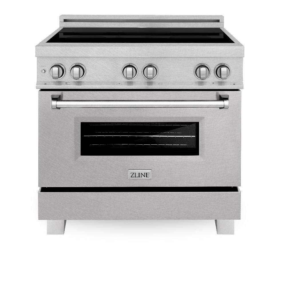 ZLINE 36 in. 4.6 cu. ft. Legacy Induction Range with 5 Element Cooktop and Electric Oven in DuraSnow® Stainless Steel (RAINDS-SN-36) front, oven closed.