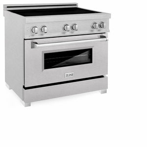 ZLINE 36 in. 4.6 cu. ft. Legacy Induction Range with 5 Element Cooktop and Electric Oven in DuraSnow® Stainless Steel (RAINDS-SN-36) side, oven closed.