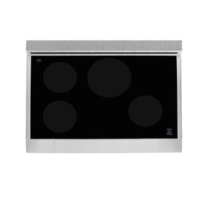 ZLINE 36 in. 4.6 cu. ft. Legacy Induction Range with 5 Element Cooktop and Electric Oven in DuraSnow® Stainless Steel (RAINDS-SN-36) top-view, above cooktop.