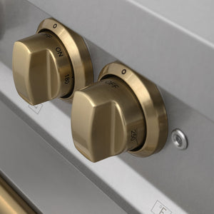 ZLINE Autograph Edition 36 in. 4.6 cu. ft. Legacy Dual Fuel Range with 6 Burner Gas Cooktop and Electric Convection Oven in Satin Stainless Steel and Champagne Bronze Accents (RASZ-SN-36-CB) knobs.