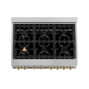 ZLINE Autograph Edition 36 in. 4.6 cu. ft. Legacy Dual Fuel Range with 6 Burner Gas Cooktop and Electric Convection Oven in Satin Stainless Steel and Champagne Bronze Accents (RASZ-SN-36-CB) top-down, above cooktop.