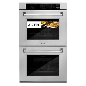 ZLINE 30 in. Professional True Convection Double Wall Oven with Air Fry and Self Clean in DuraSnow® Stainless Steel (WADS-30) front, closed, with food cooking by air fry.