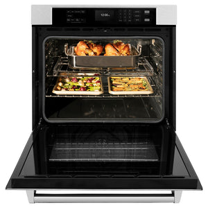 ZLINE 30 in. Professional True Convection Single Wall Oven with Air Fry and Self Clean in DuraSnow® Stainless Steel (WASS-30) front, open.