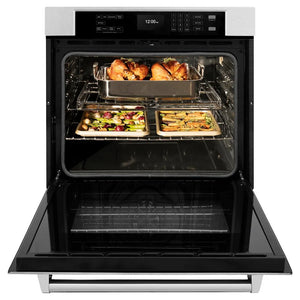 ZLINE 30 in. Professional True Convection Single Wall Oven with Air Fry and Self Clean in Satin Stainless Steel (WASS-30) front, open.
