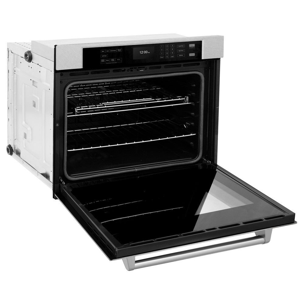 ZLINE 30 in. Professional True Convection Single Wall Oven with Air Fry and Self Clean in DuraSnow® Stainless Steel (WASS-30) side, open.